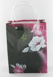 Bæretaske / Gavepose Sort/Rosa/Hvid Blomst Medium (12 stk.)