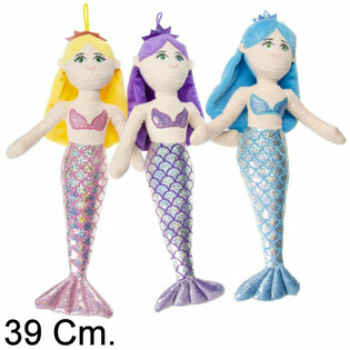 Stor plys havfrue / Mermaid dukke 39 cm - Mix farver (12 stk.)