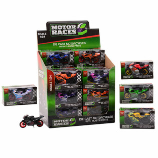 SUPER SPORT MOTORCYKEL DIE CAST, SKALA 1:24 I DISPLAY (24 stk.)