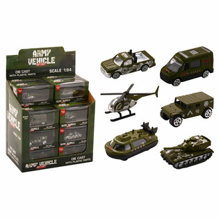 Die Cast - Mix Milit&aelig;rk&oslash;ret&oslash;jer, Skala 1:64 i Display (24 stk.)