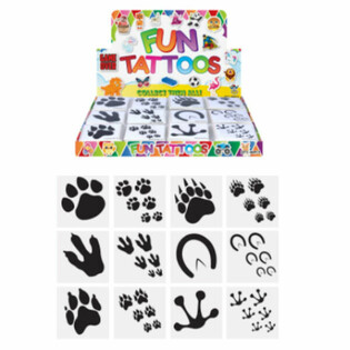 SJOVE TATOVERINGER - MODEL: DYRESPOR, Hver pakke 12x Tatoveringer I DISPLAY (48 stk.)