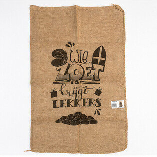 STOR SINTERKLAAS JUTES&AElig;K - MED TEKST: WIE ZOET IS KRIJGT LEKKERS - Ca. 60 x 100 cm (1 stk.)